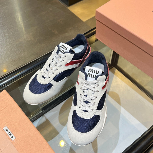 MIUMIU 26S SNEAKERS IN NAVY BLUE AND WHITE FABRIC AND SUEDE