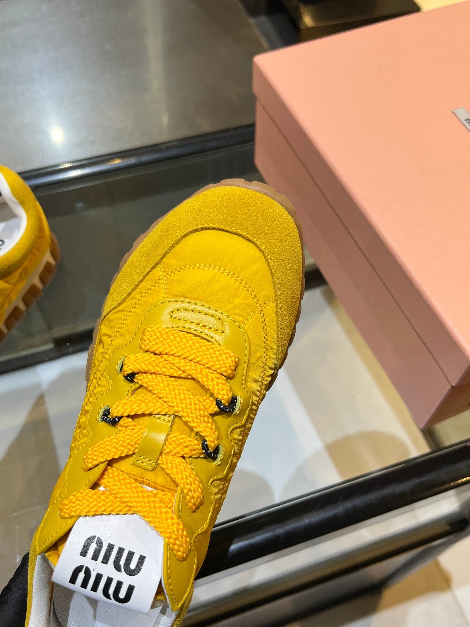 MIUMIU 26S SNEAKERS IN YELLOW FABRIC AND SUEDE