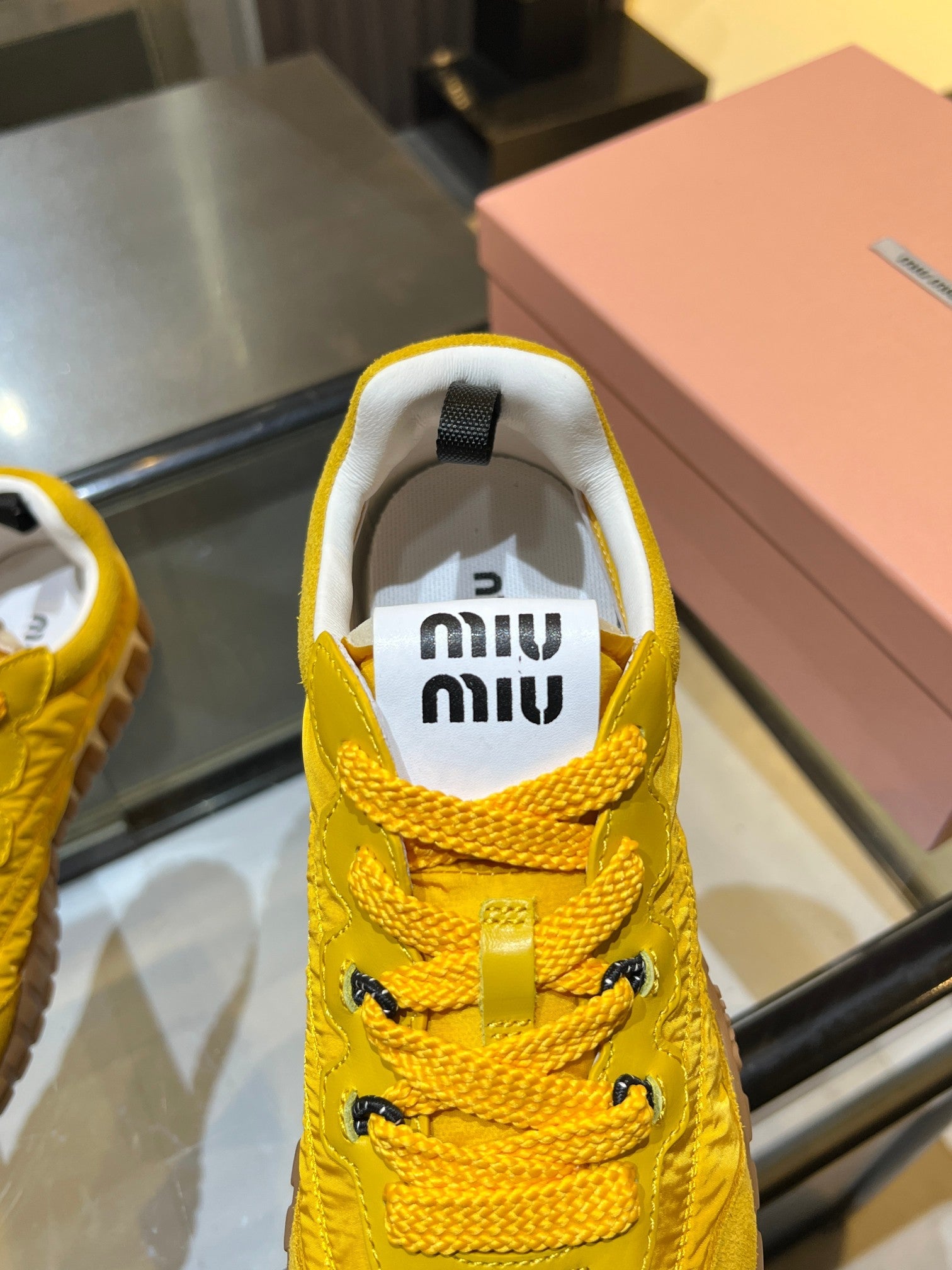 MIUMIU 26S SNEAKERS IN YELLOW FABRIC AND SUEDE