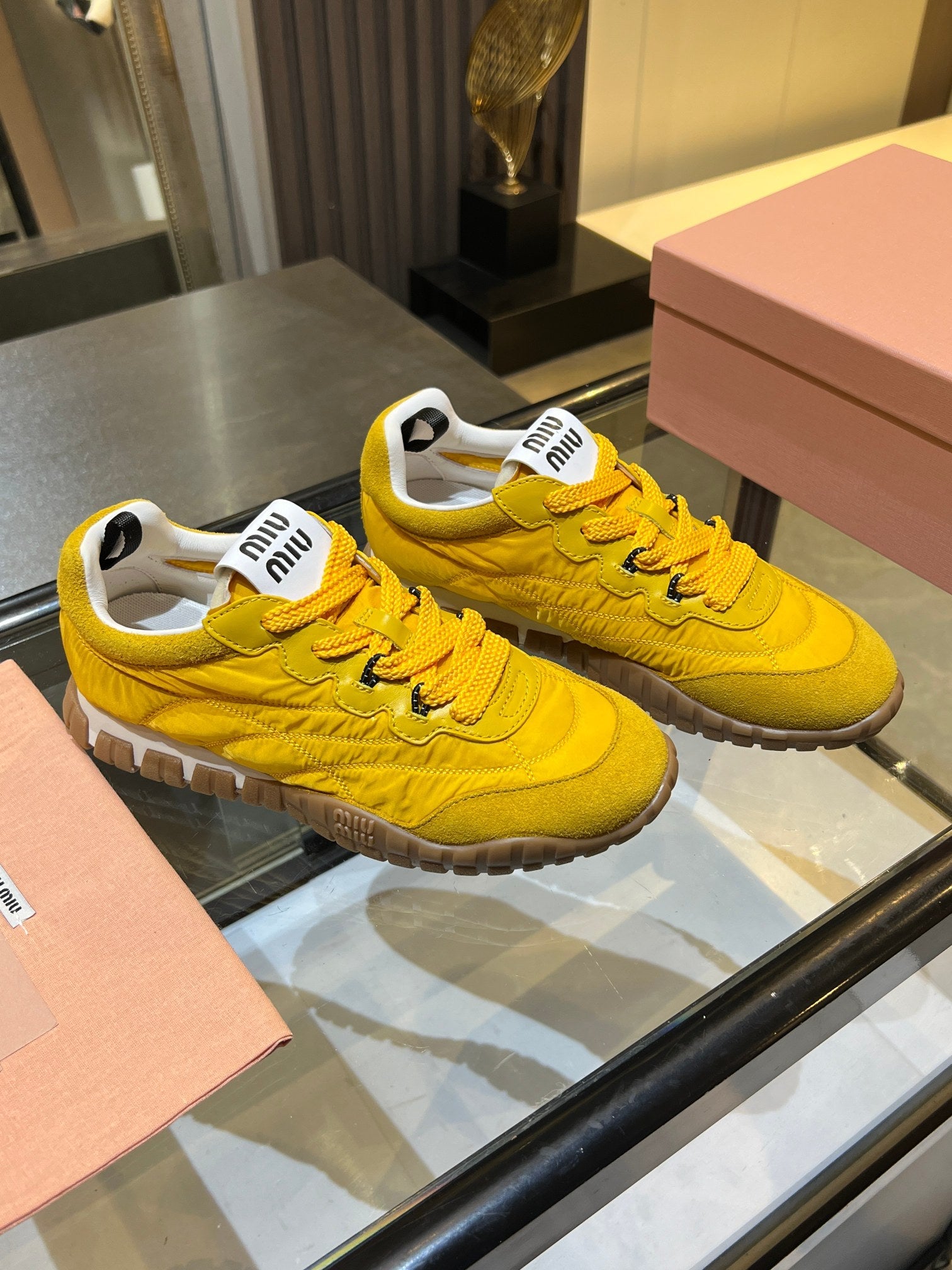 MIUMIU 26S SNEAKERS IN YELLOW FABRIC AND SUEDE