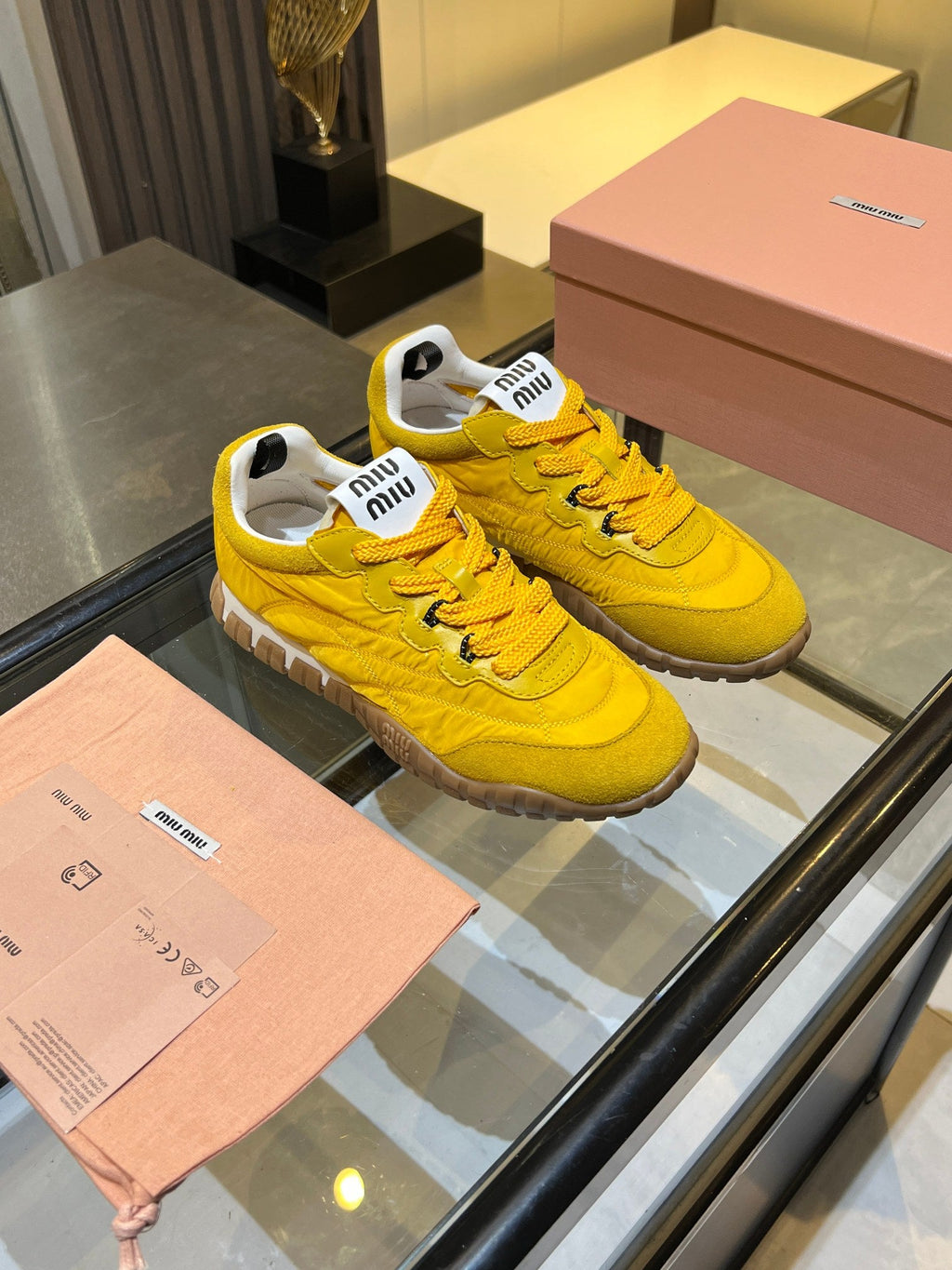 MIUMIU 26S SNEAKERS IN YELLOW FABRIC AND SUEDE