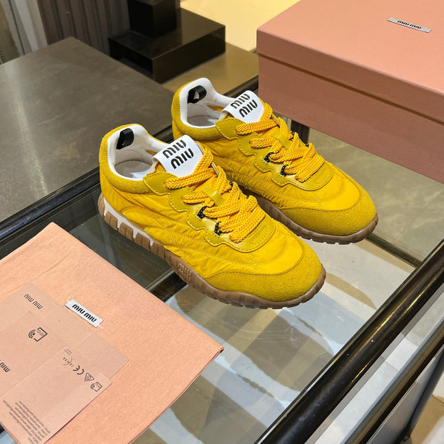 MIUMIU 26S SNEAKERS IN YELLOW FABRIC AND SUEDE