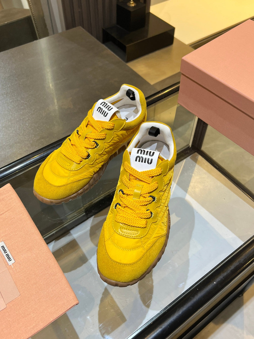 MIUMIU 26S SNEAKERS IN YELLOW FABRIC AND SUEDE