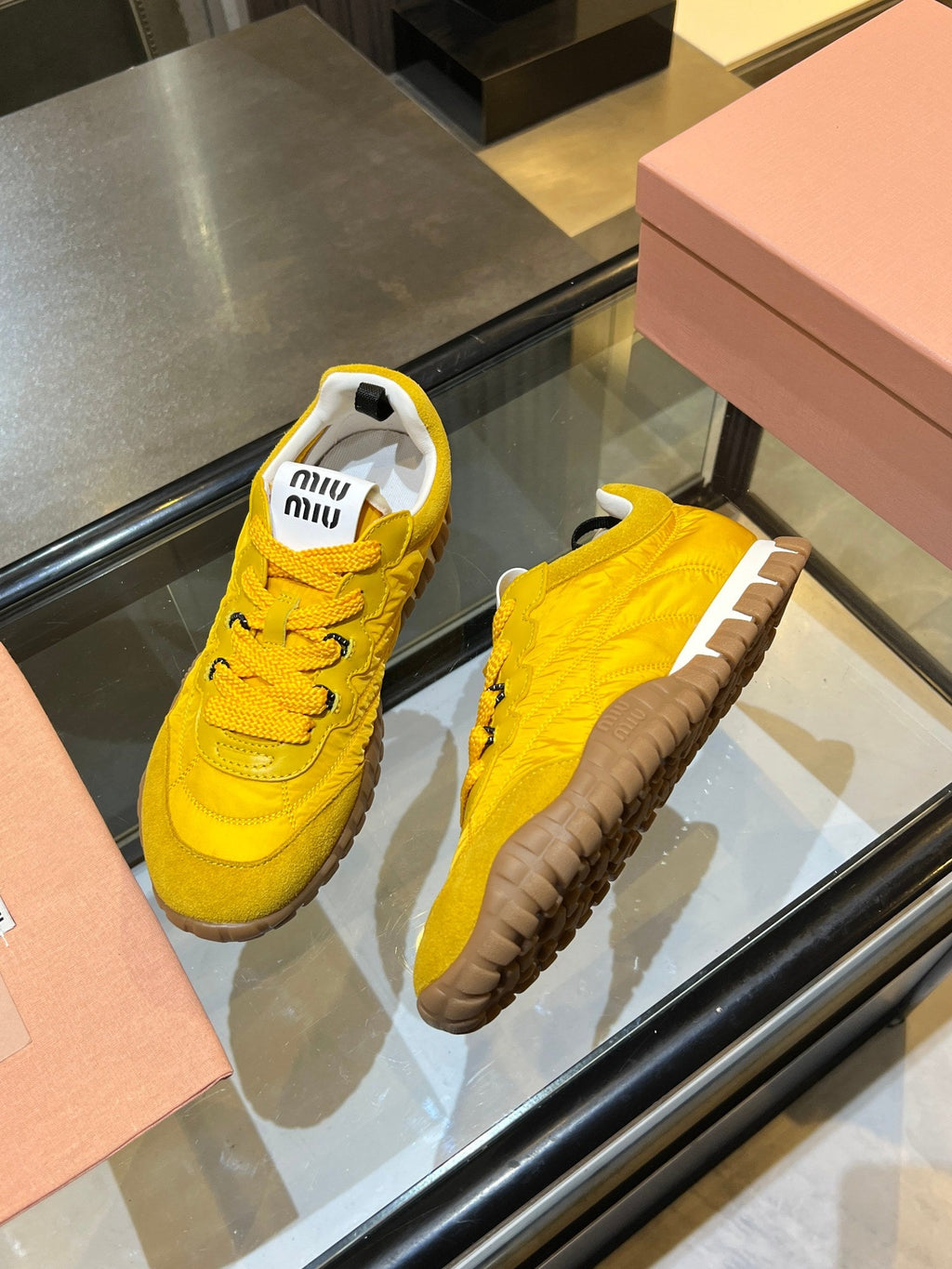MIUMIU 26S SNEAKERS IN YELLOW FABRIC AND SUEDE