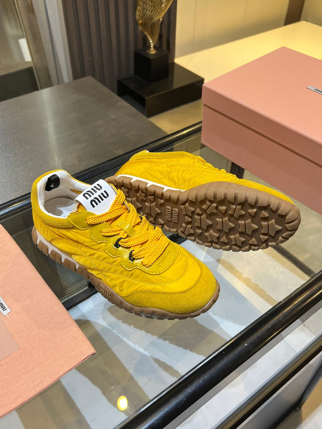 MIUMIU 26S SNEAKERS IN YELLOW FABRIC AND SUEDE