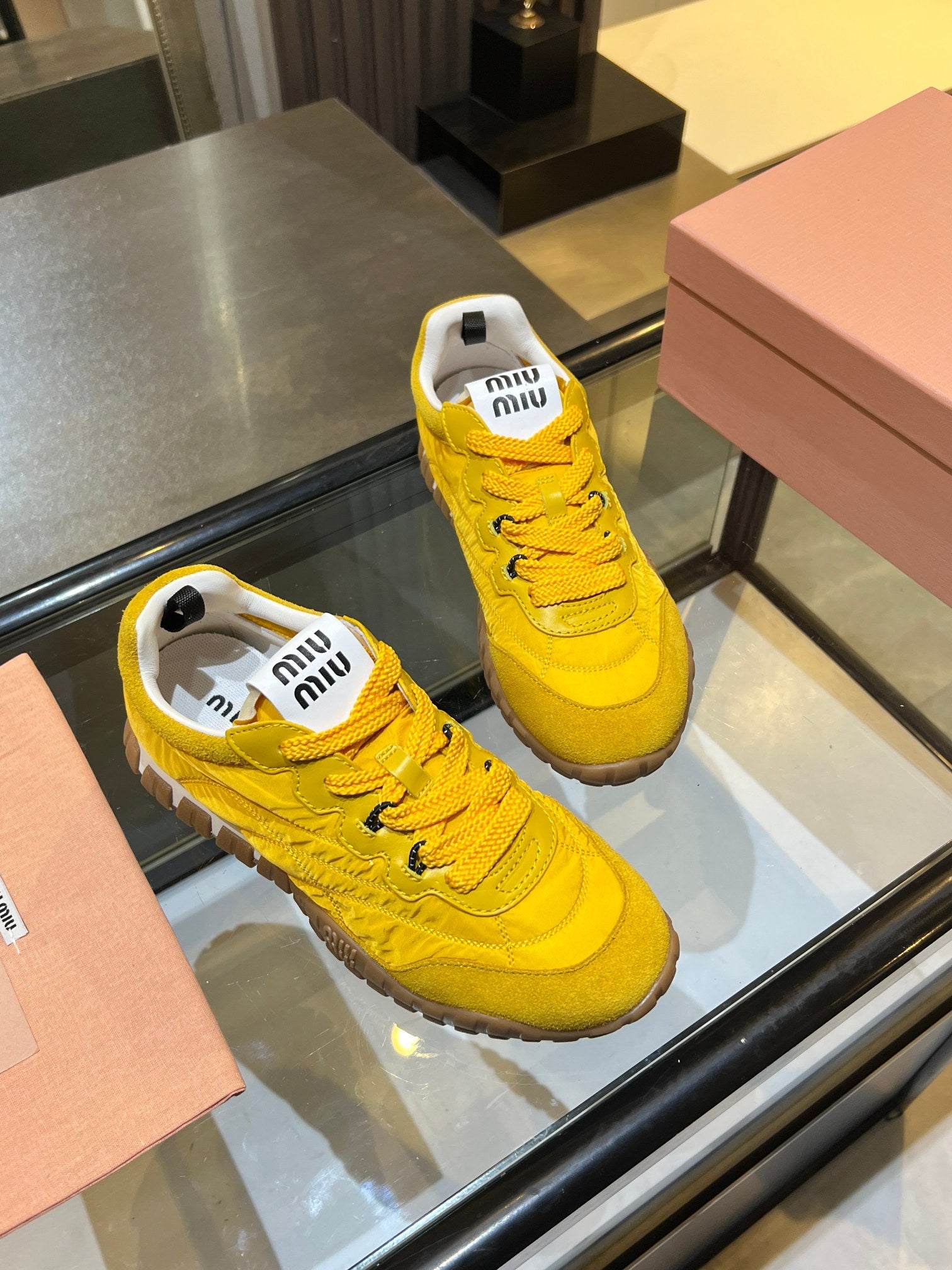 MIUMIU 26S SNEAKERS IN YELLOW FABRIC AND SUEDE