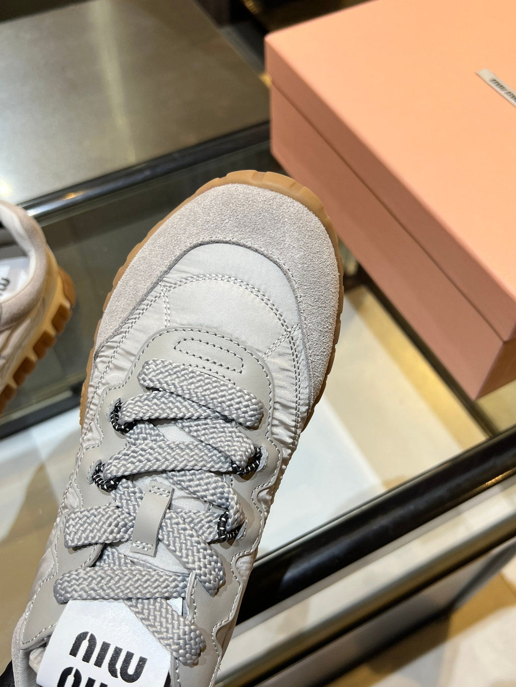 MIUMIU 26S SNEAKERS IN GRAY FABRIC AND SUEDE
