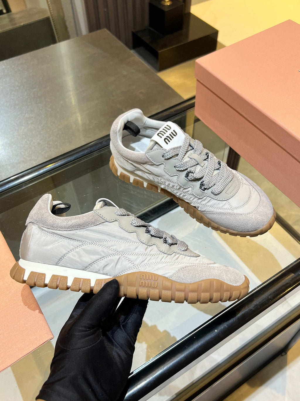 MIUMIU 26S SNEAKERS IN GRAY FABRIC AND SUEDE