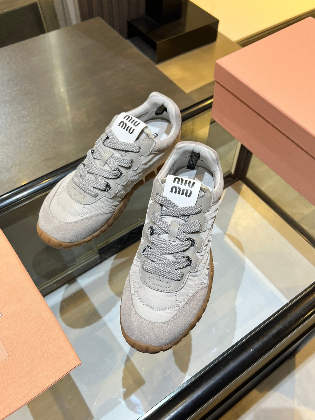 MIUMIU 26S SNEAKERS IN GRAY FABRIC AND SUEDE