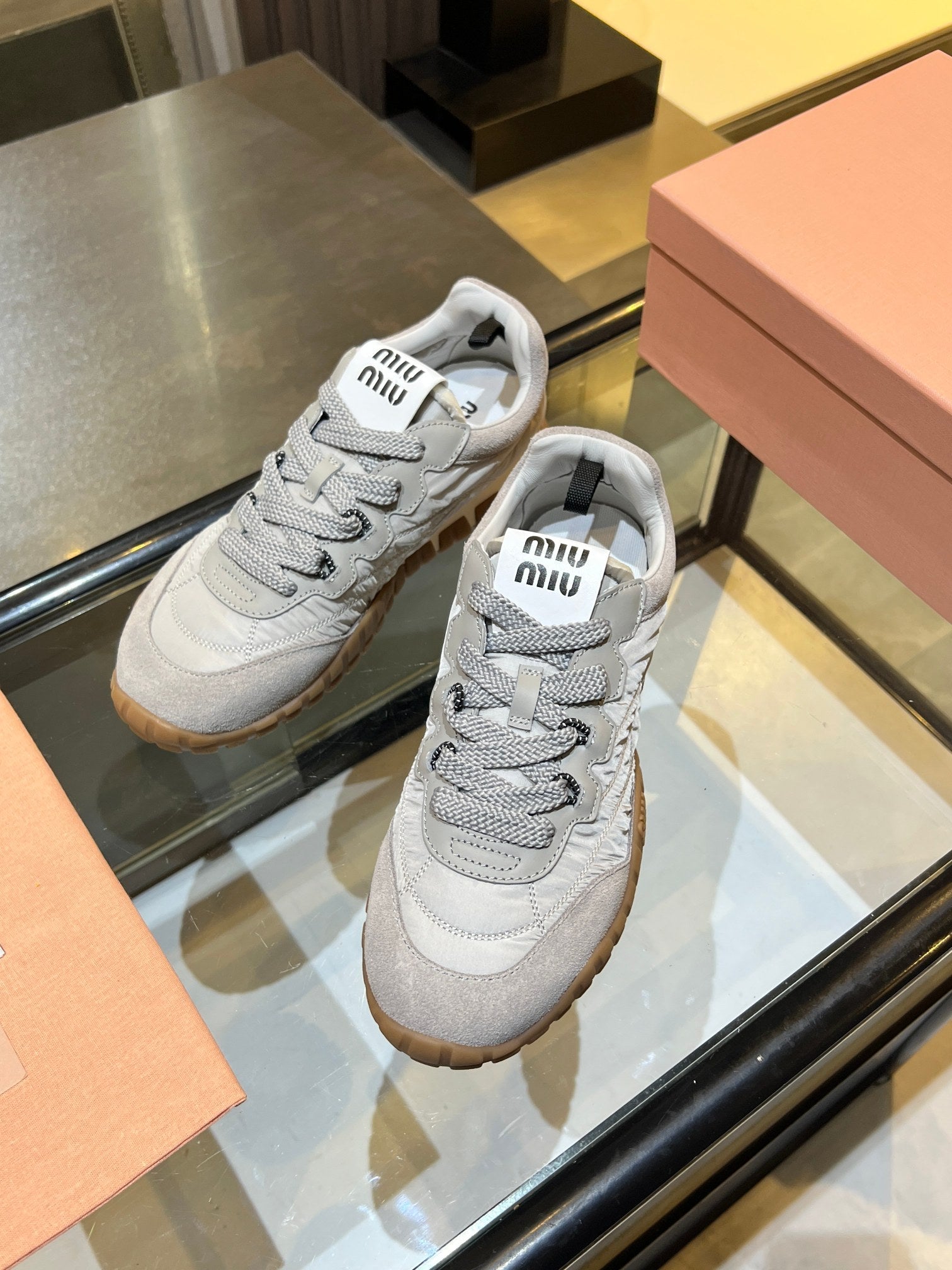 MIUMIU 26S SNEAKERS IN GRAY FABRIC AND SUEDE