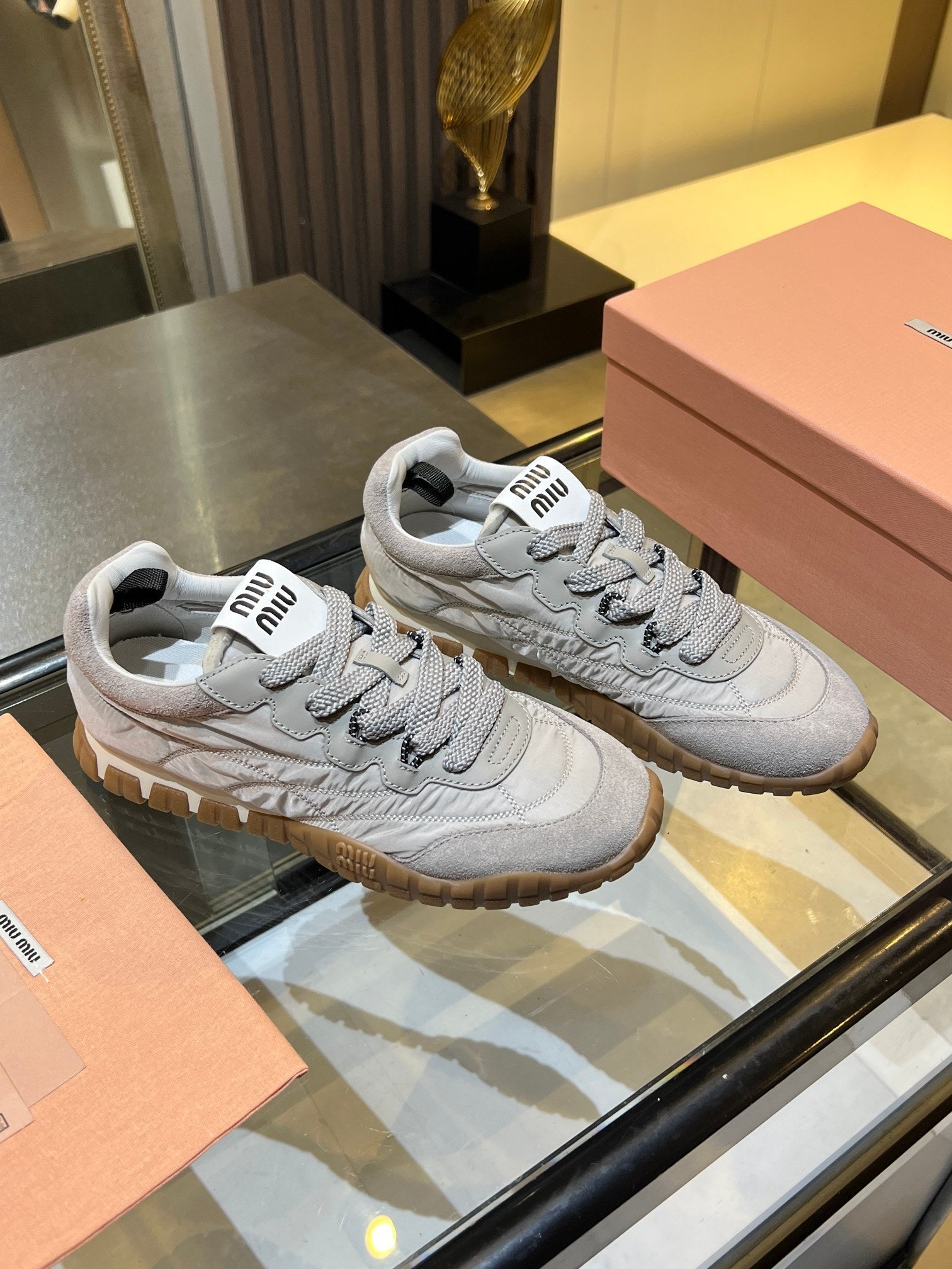 MIUMIU 26S SNEAKERS IN GRAY FABRIC AND SUEDE