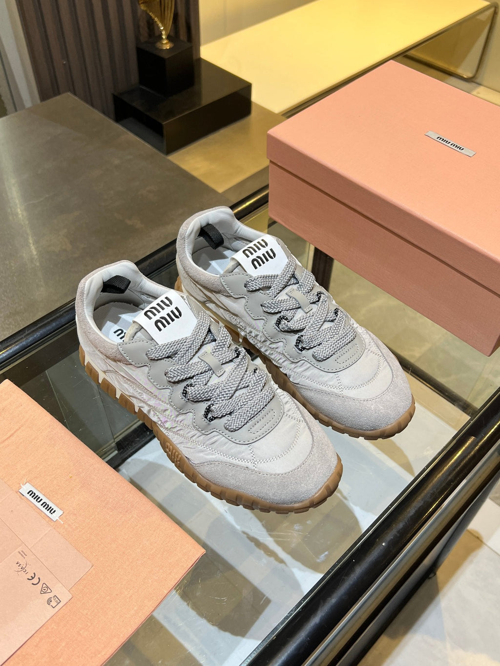 MIUMIU 26S SNEAKERS IN GRAY FABRIC AND SUEDE