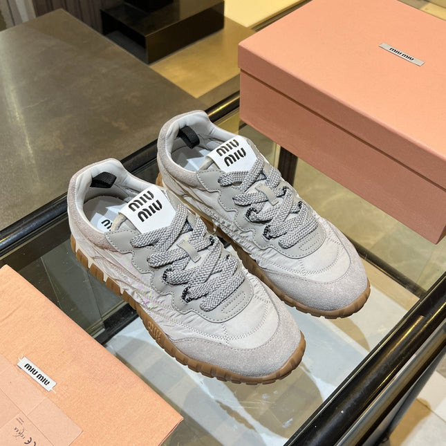 MIUMIU 26S SNEAKERS IN GRAY FABRIC AND SUEDE