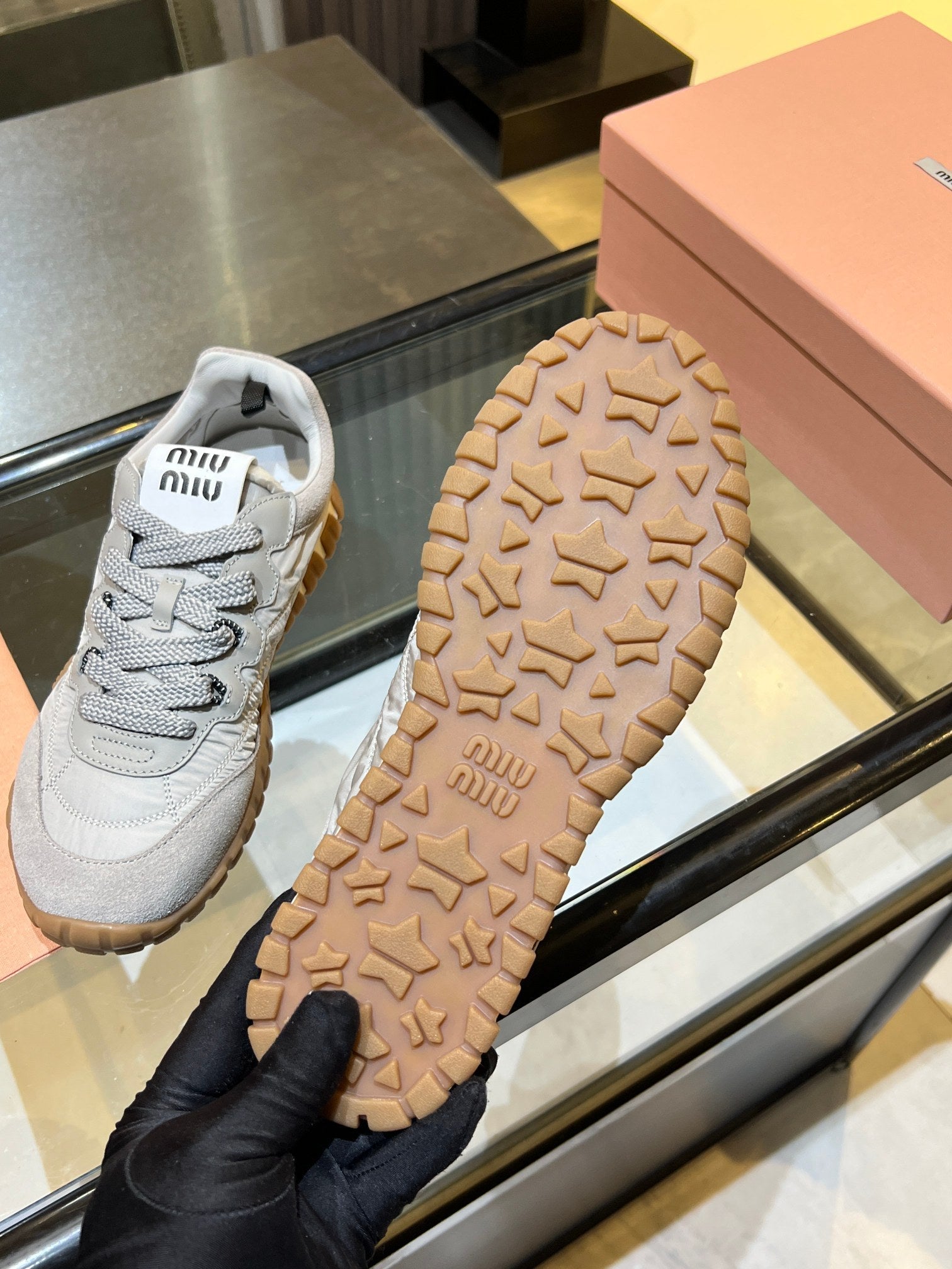 MIUMIU 26S SNEAKERS IN GRAY FABRIC AND SUEDE