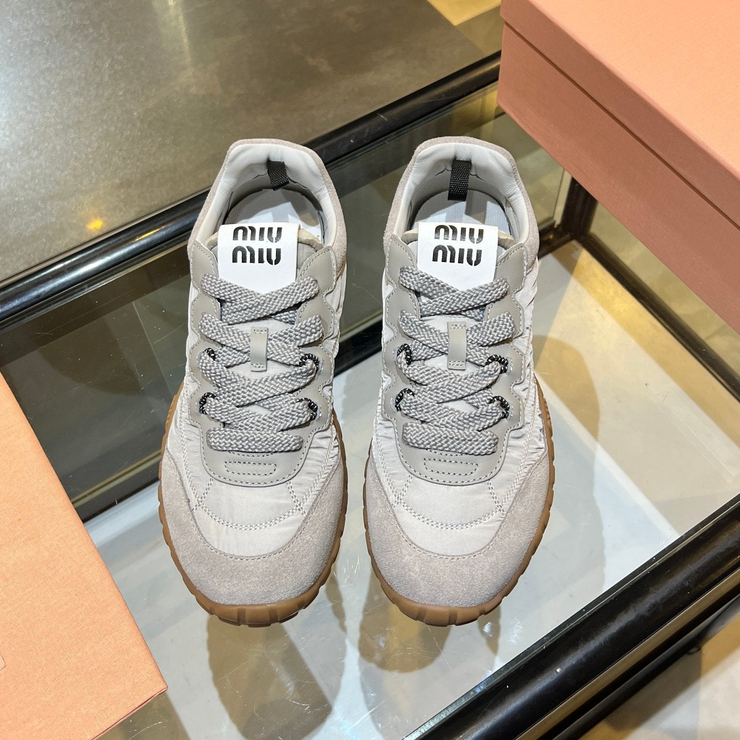 MIUMIU 26S SNEAKERS IN GRAY FABRIC AND SUEDE