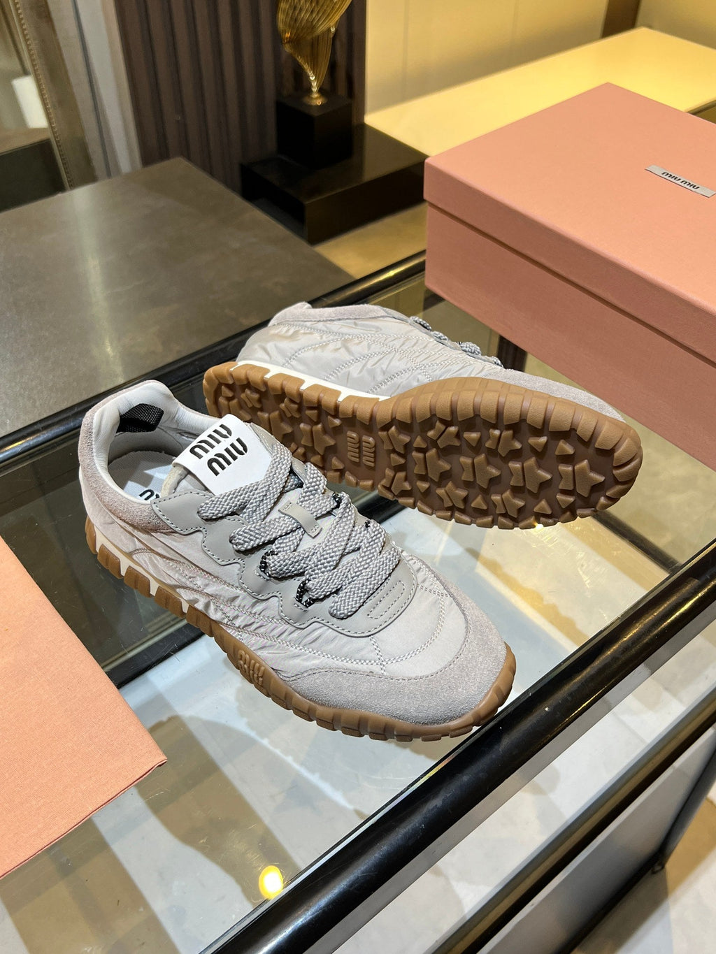 MIUMIU 26S SNEAKERS IN GRAY FABRIC AND SUEDE