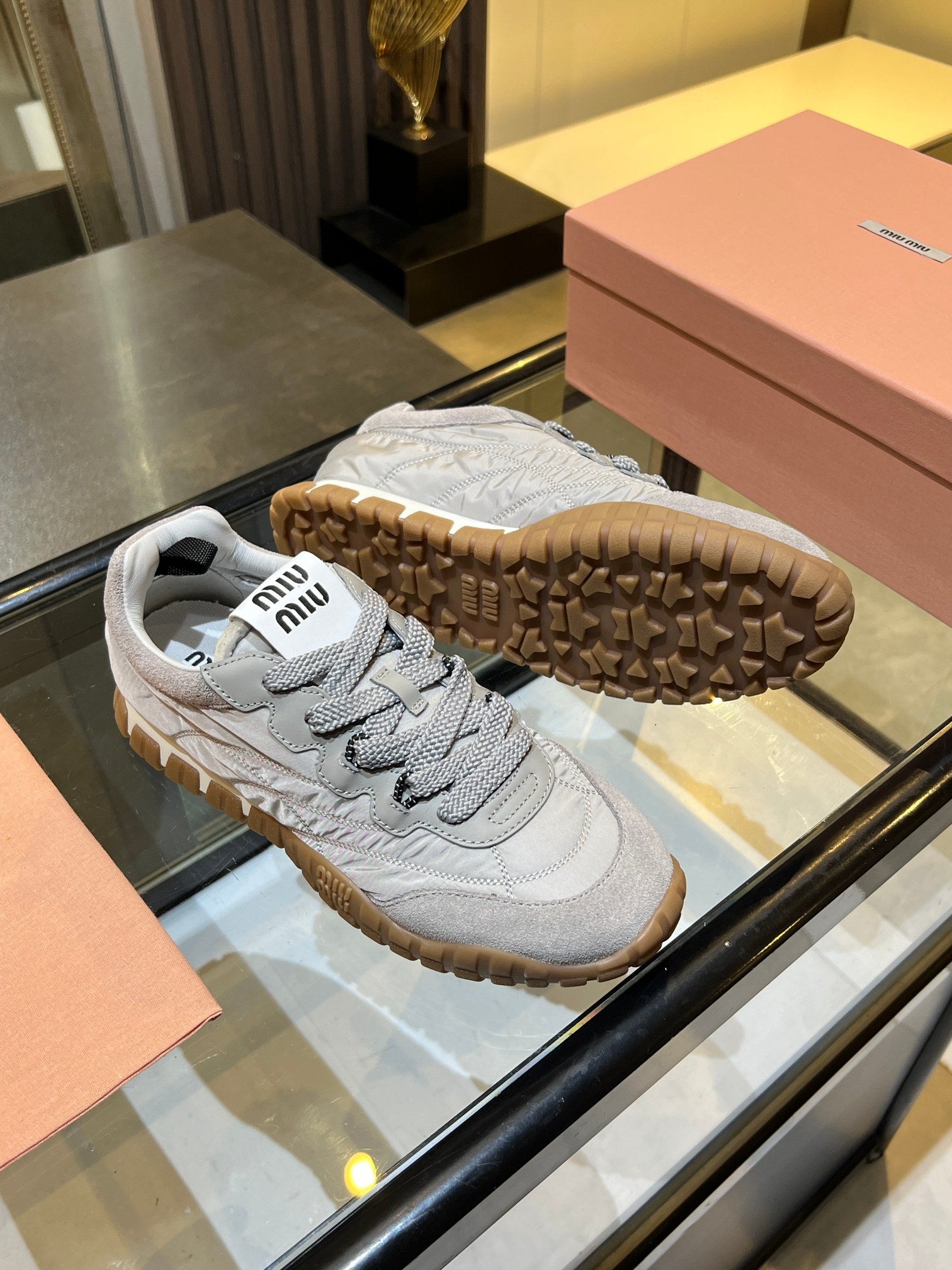 MIUMIU 26S SNEAKERS IN GRAY FABRIC AND SUEDE