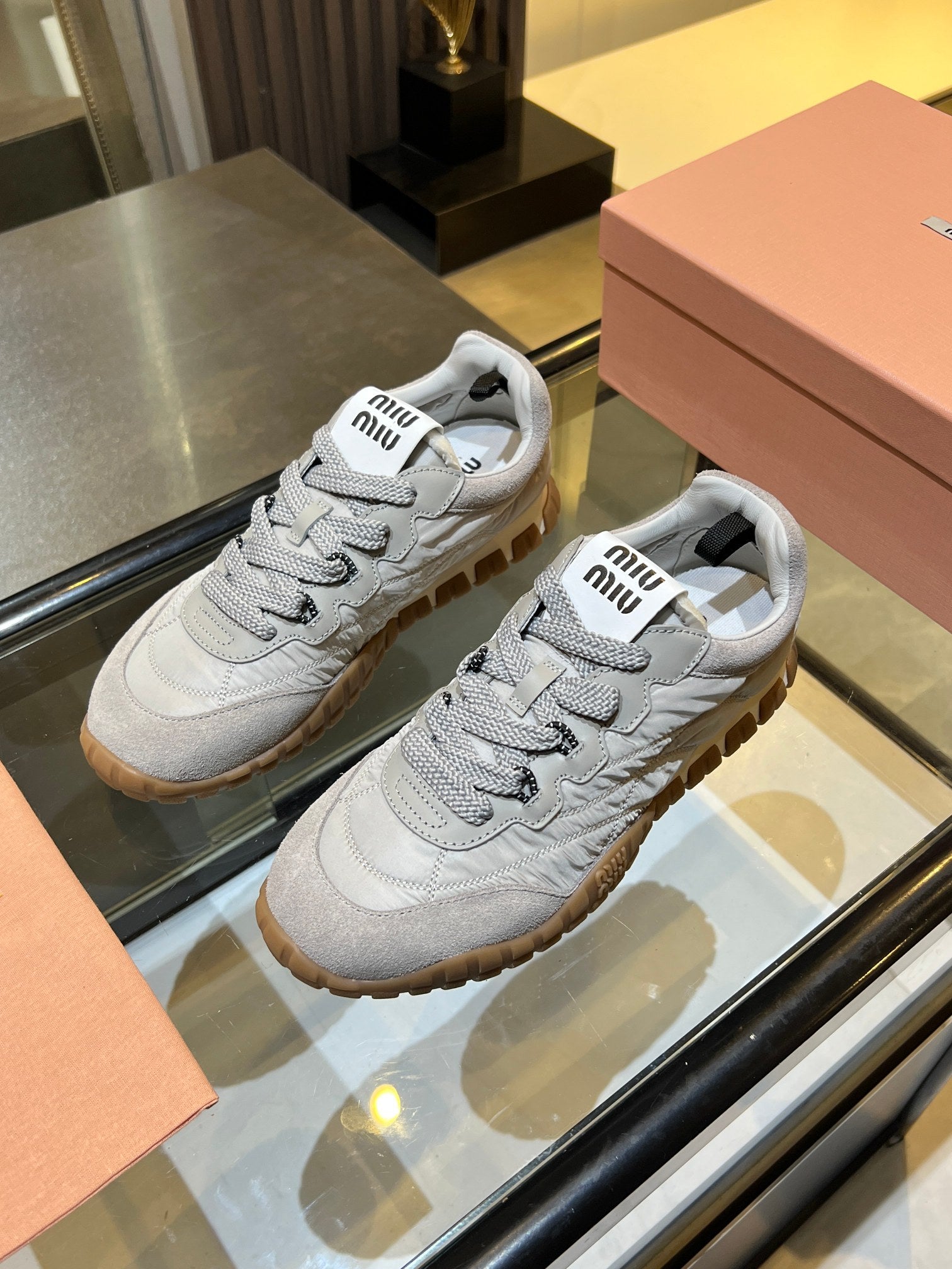 MIUMIU 26S SNEAKERS IN GRAY FABRIC AND SUEDE