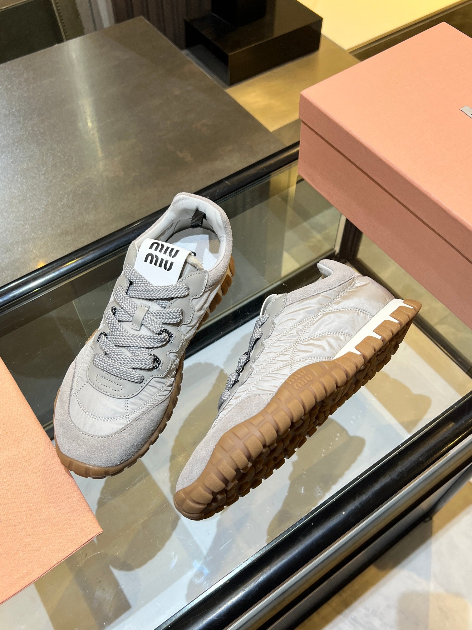 MIUMIU 26S SNEAKERS IN GRAY FABRIC AND SUEDE