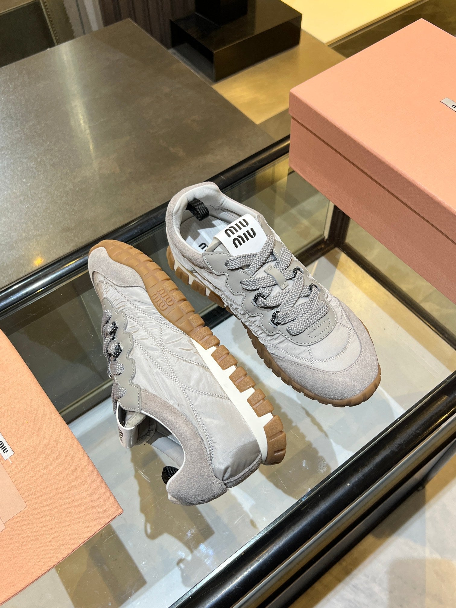 MIUMIU 26S SNEAKERS IN GRAY FABRIC AND SUEDE