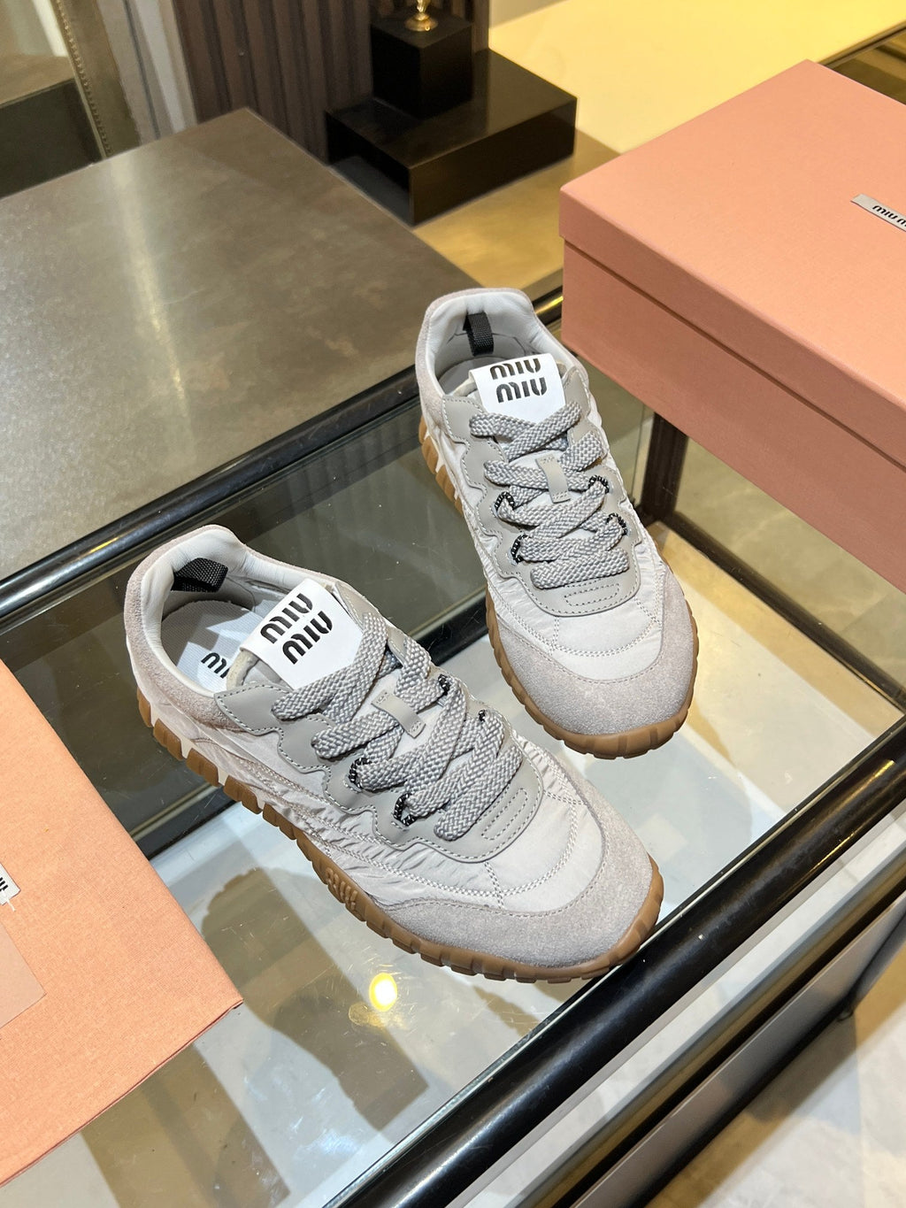 MIUMIU 26S SNEAKERS IN GRAY FABRIC AND SUEDE