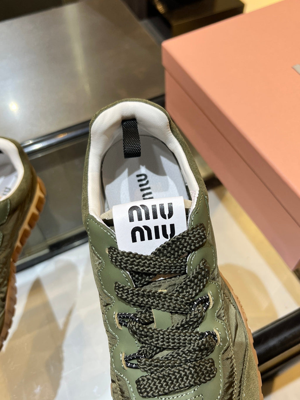 MIUMIU 26S SNEAKERS IN ARMY OLIVE FABRIC AND SUEDE