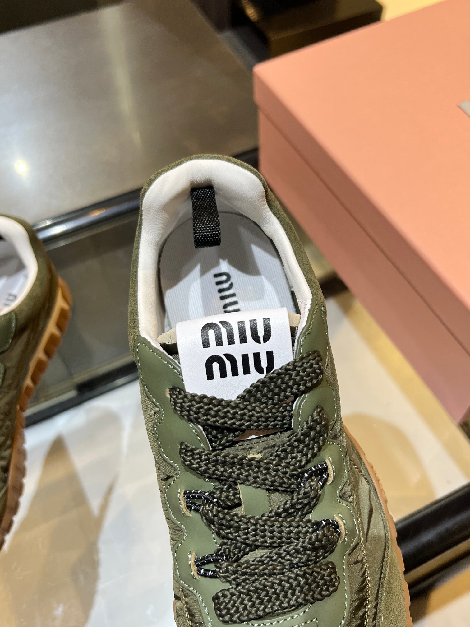 MIUMIU 26S SNEAKERS IN ARMY OLIVE FABRIC AND SUEDE