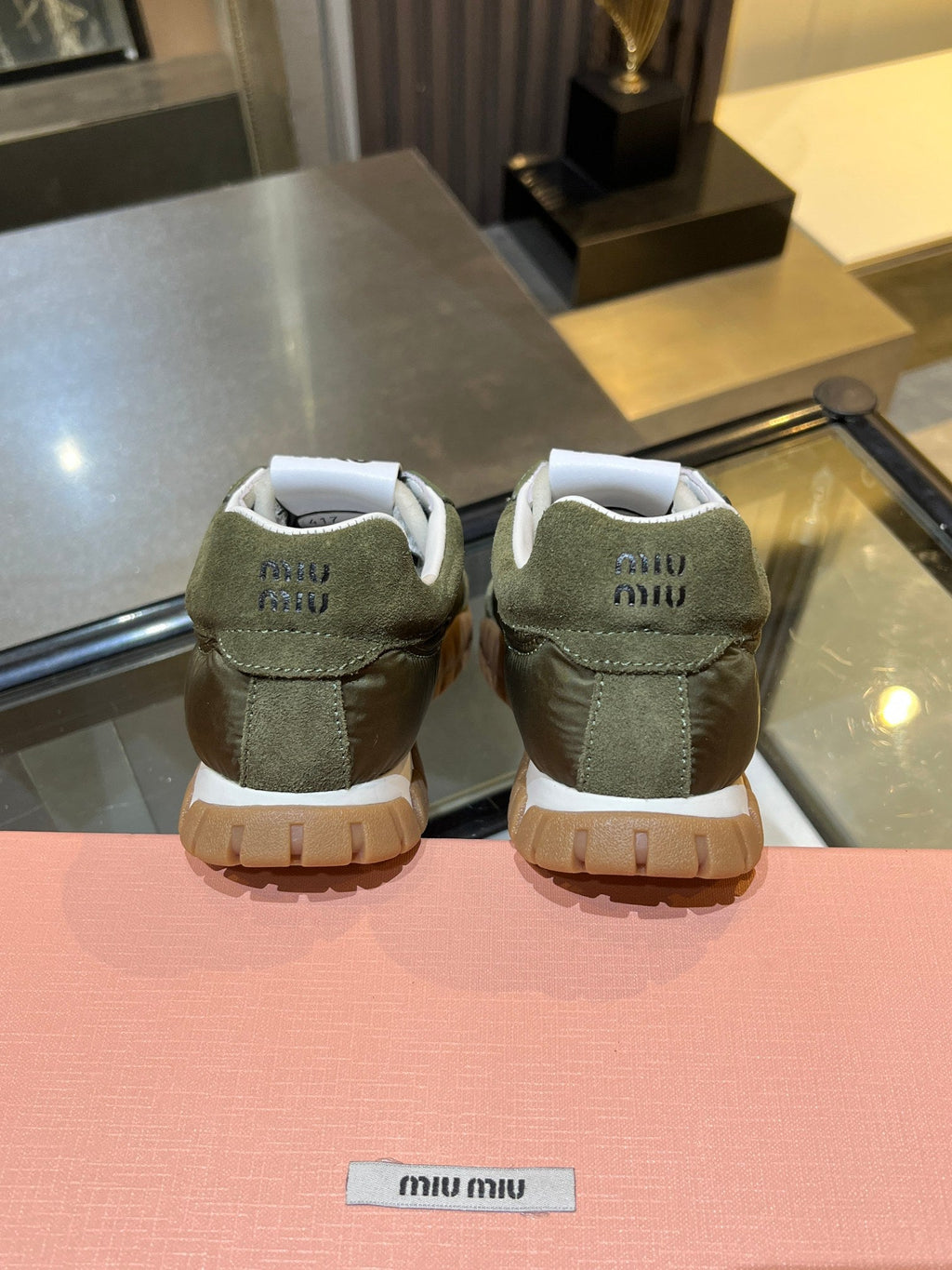 MIUMIU 26S SNEAKERS IN ARMY OLIVE FABRIC AND SUEDE