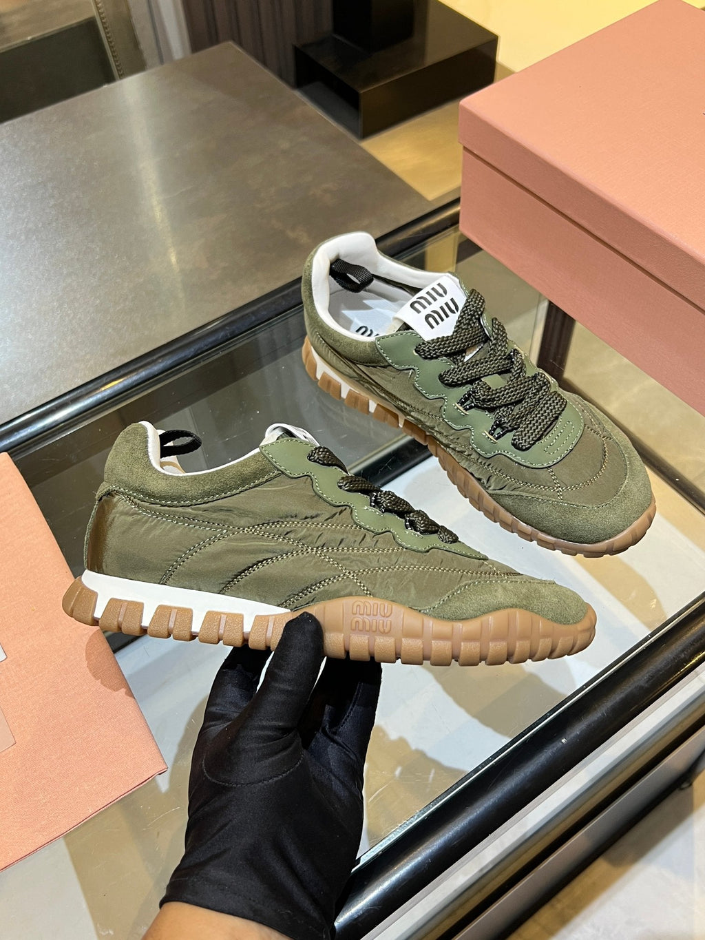 MIUMIU 26S SNEAKERS IN ARMY OLIVE FABRIC AND SUEDE