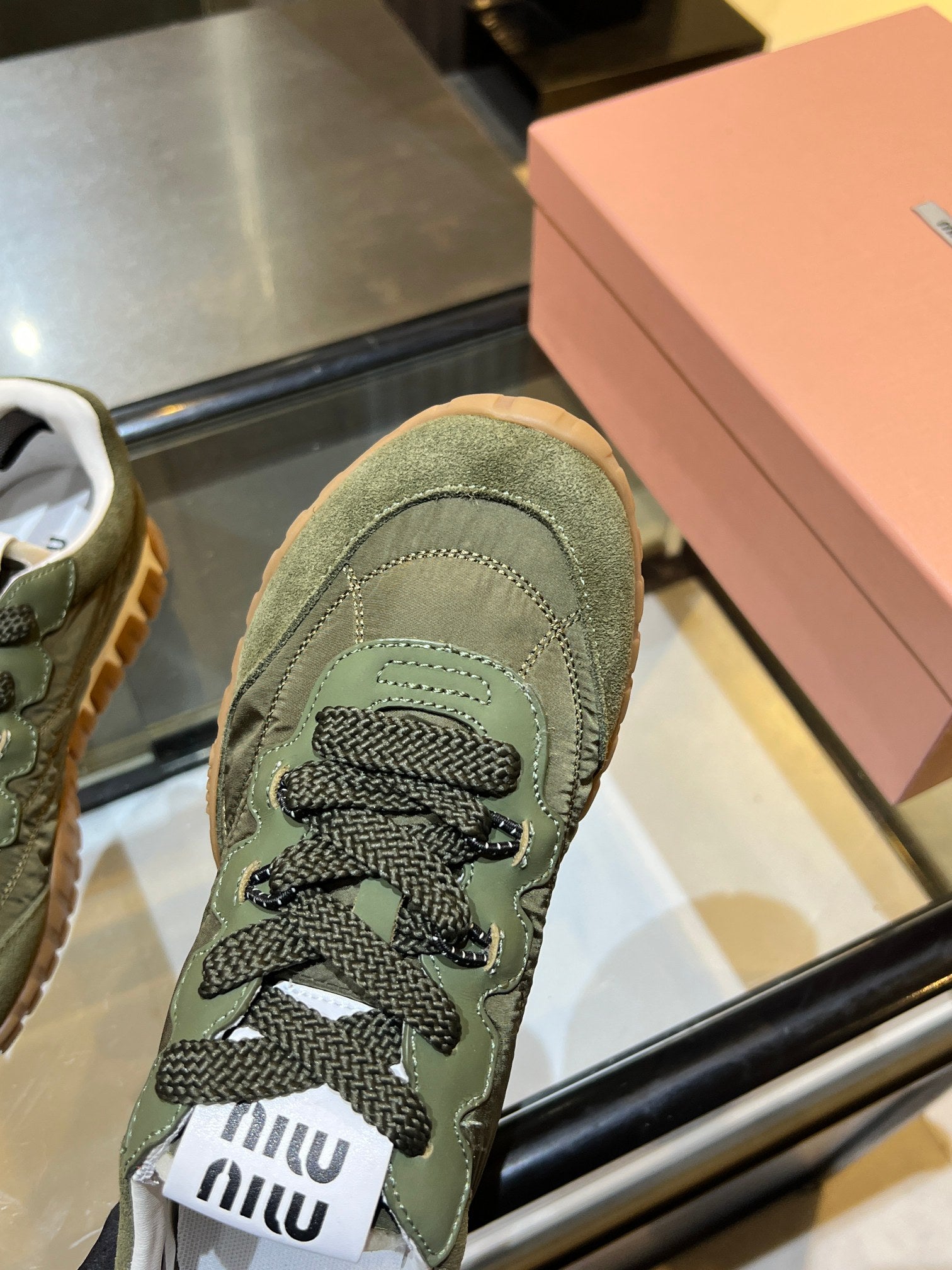 MIUMIU 26S SNEAKERS IN ARMY OLIVE FABRIC AND SUEDE