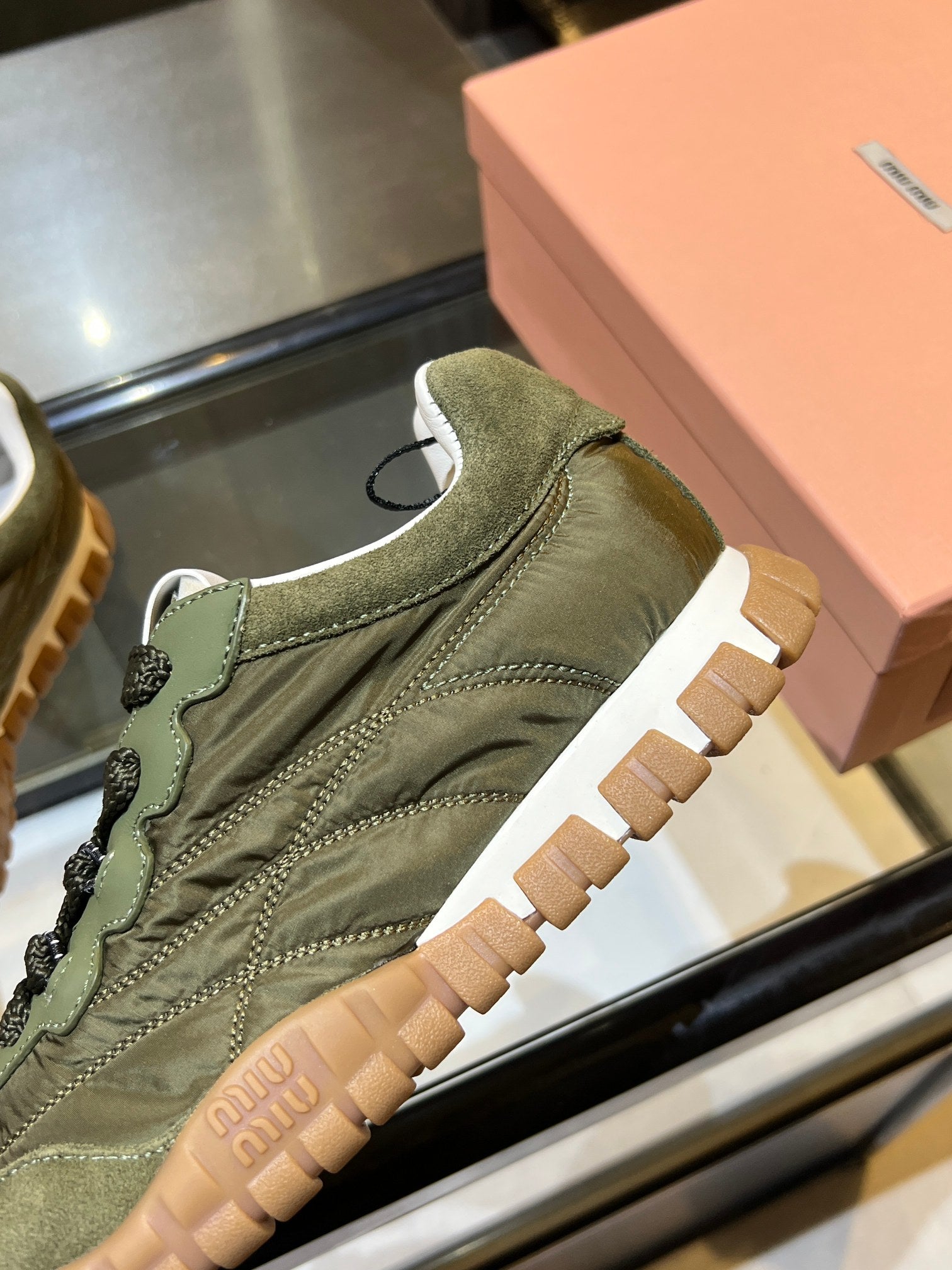 MIUMIU 26S SNEAKERS IN ARMY OLIVE FABRIC AND SUEDE