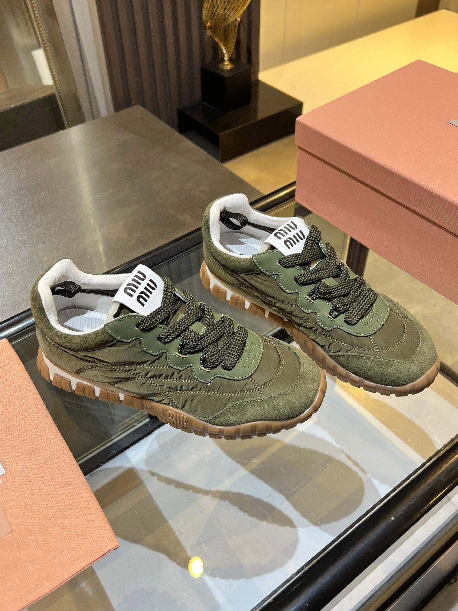 MIUMIU 26S SNEAKERS IN ARMY OLIVE FABRIC AND SUEDE