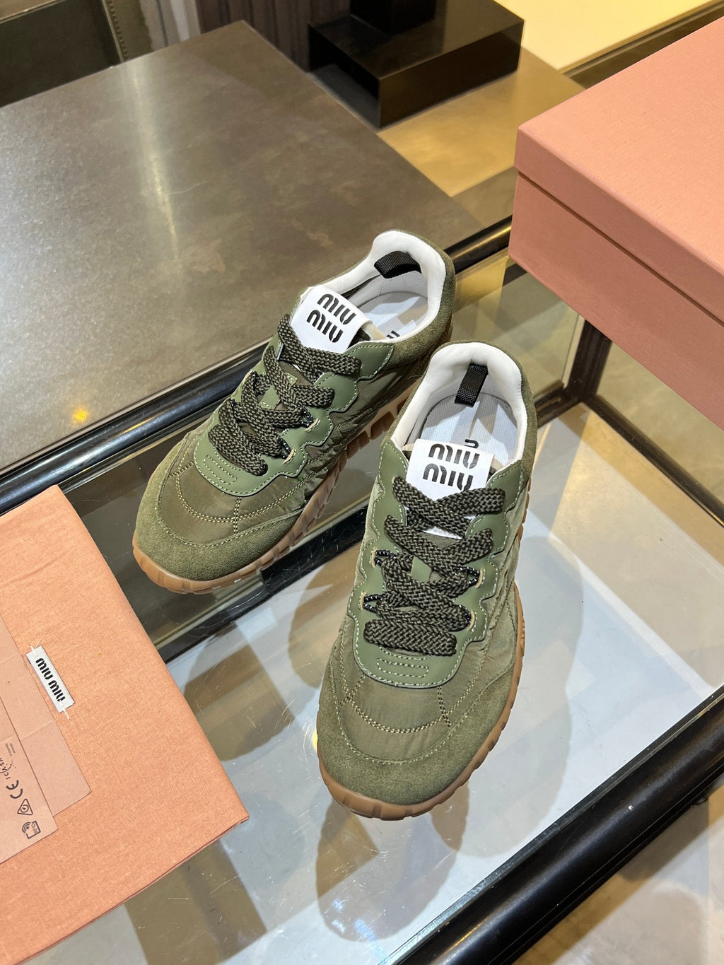 MIUMIU 26S SNEAKERS IN ARMY OLIVE FABRIC AND SUEDE