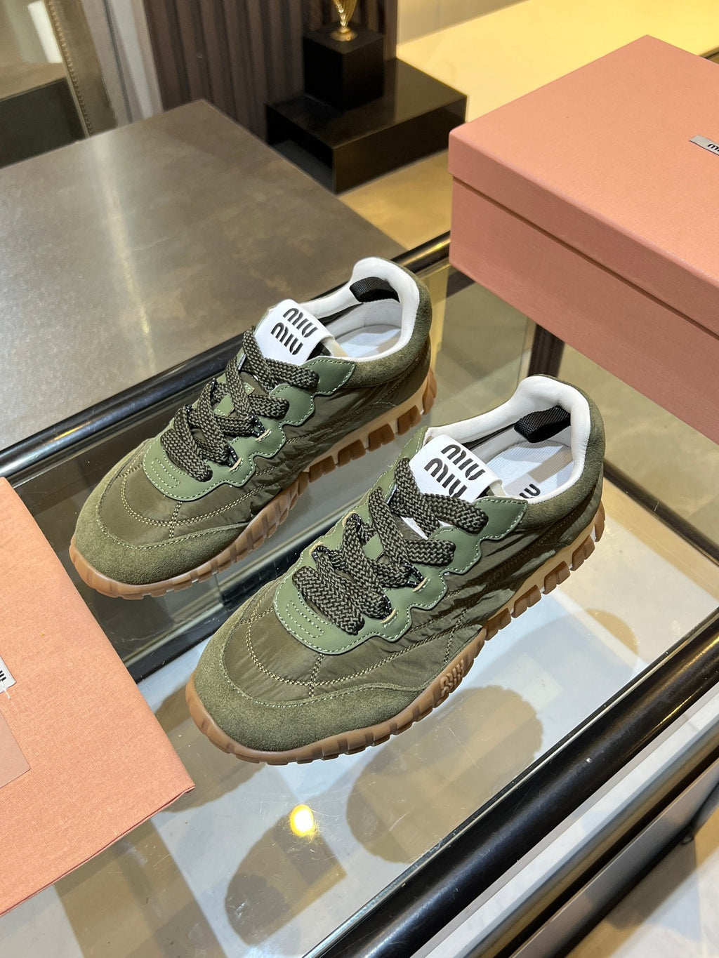 MIUMIU 26S SNEAKERS IN ARMY OLIVE FABRIC AND SUEDE