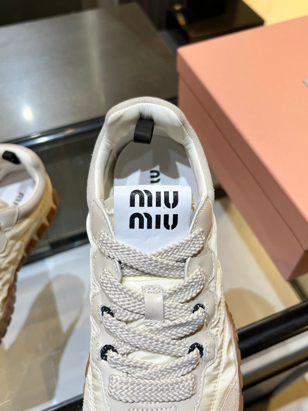 MIUMIU 26S SNEAKERS IN IVORY WHITE FABRIC AND SUEDE