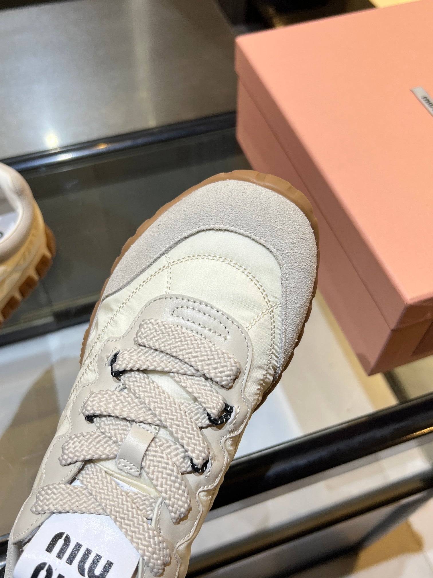 MIUMIU 26S SNEAKERS IN IVORY WHITE FABRIC AND SUEDE