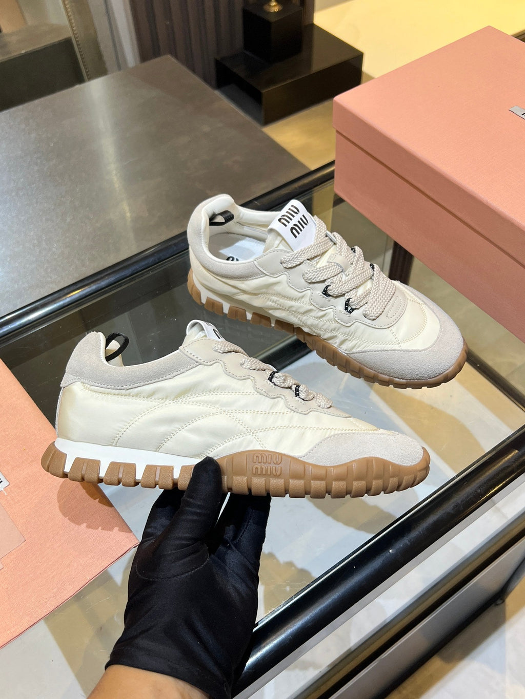 MIUMIU 26S SNEAKERS IN IVORY WHITE FABRIC AND SUEDE