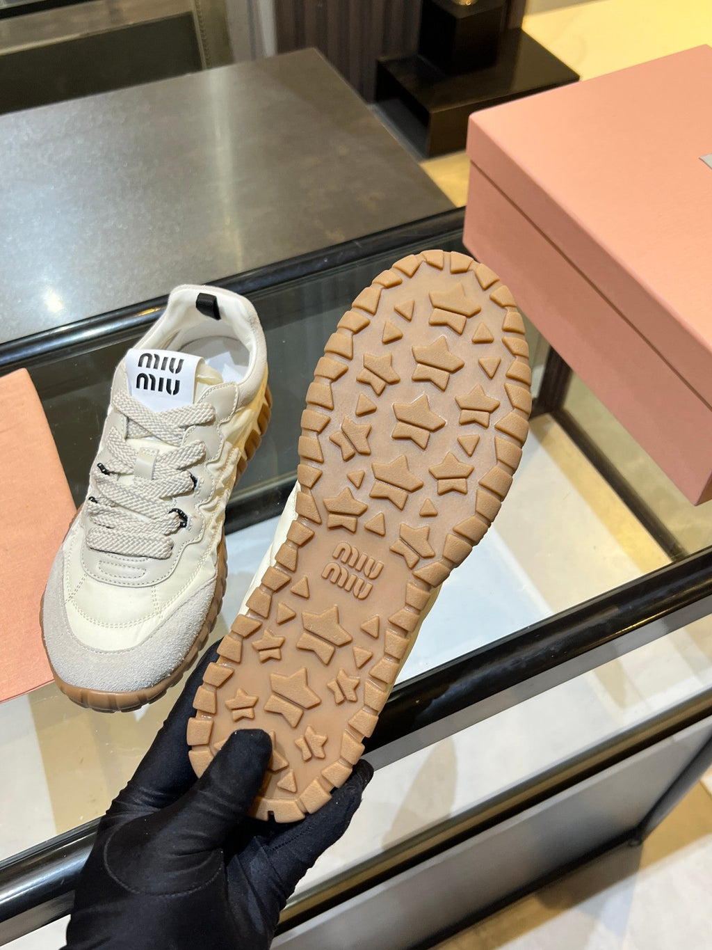 MIUMIU 26S SNEAKERS IN IVORY WHITE FABRIC AND SUEDE
