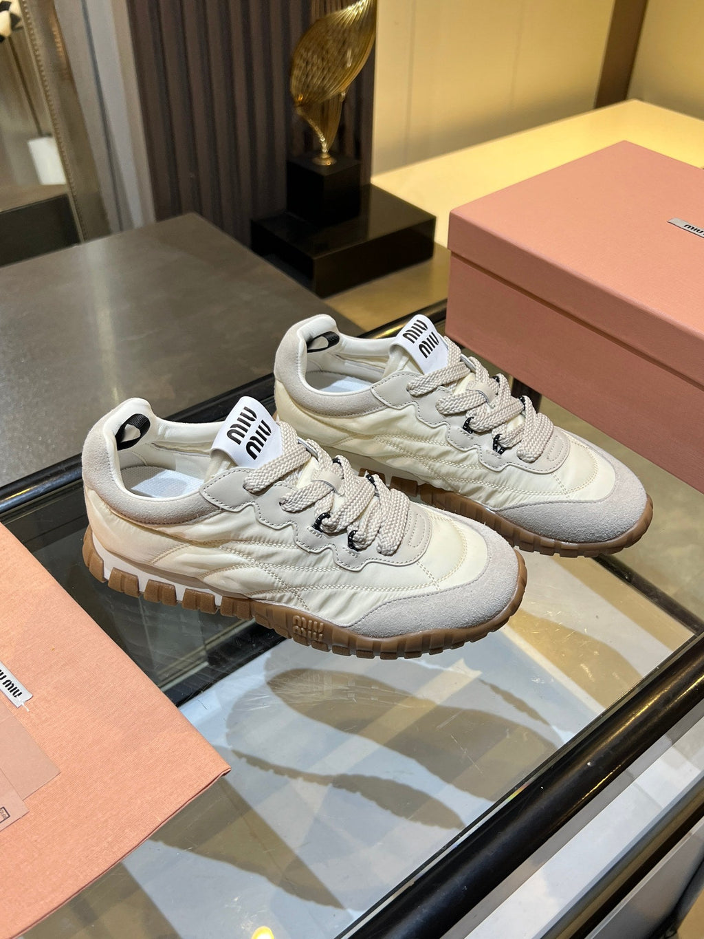 MIUMIU 26S SNEAKERS IN IVORY WHITE FABRIC AND SUEDE