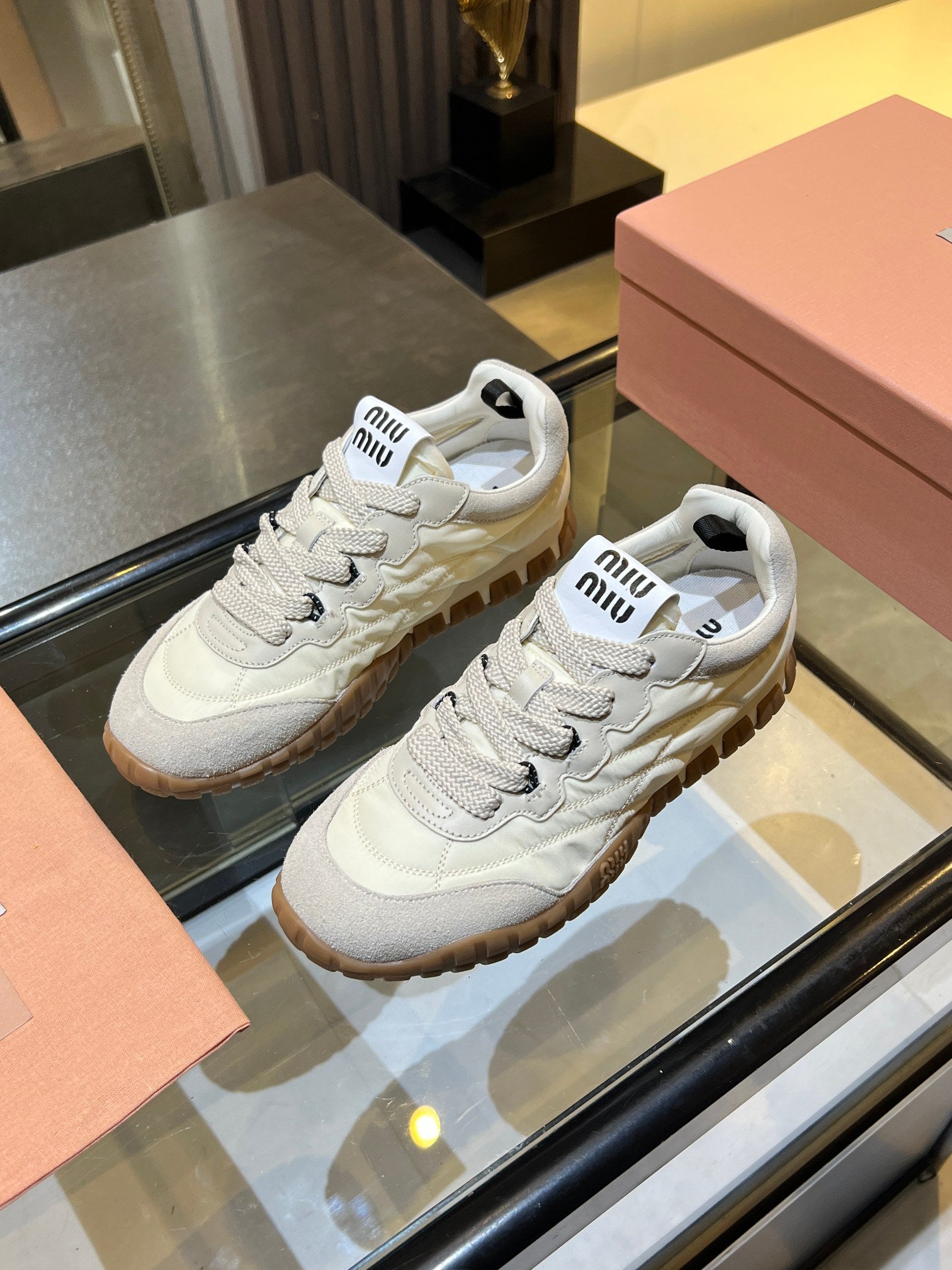 MIUMIU 26S SNEAKERS IN IVORY WHITE FABRIC AND SUEDE