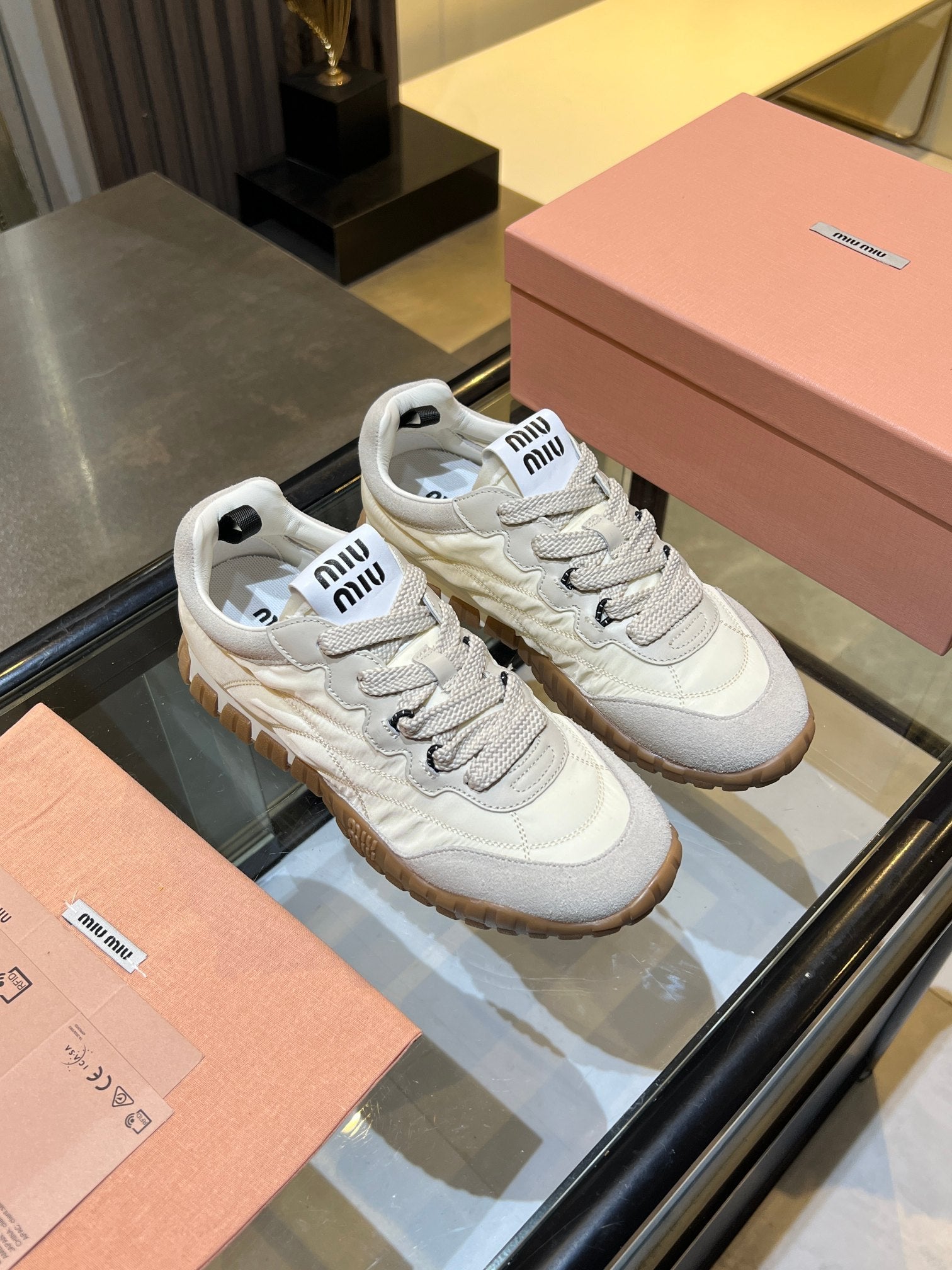 MIUMIU 26S SNEAKERS IN IVORY WHITE FABRIC AND SUEDE