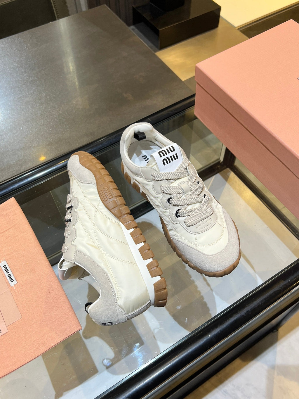 MIUMIU 26S SNEAKERS IN IVORY WHITE FABRIC AND SUEDE