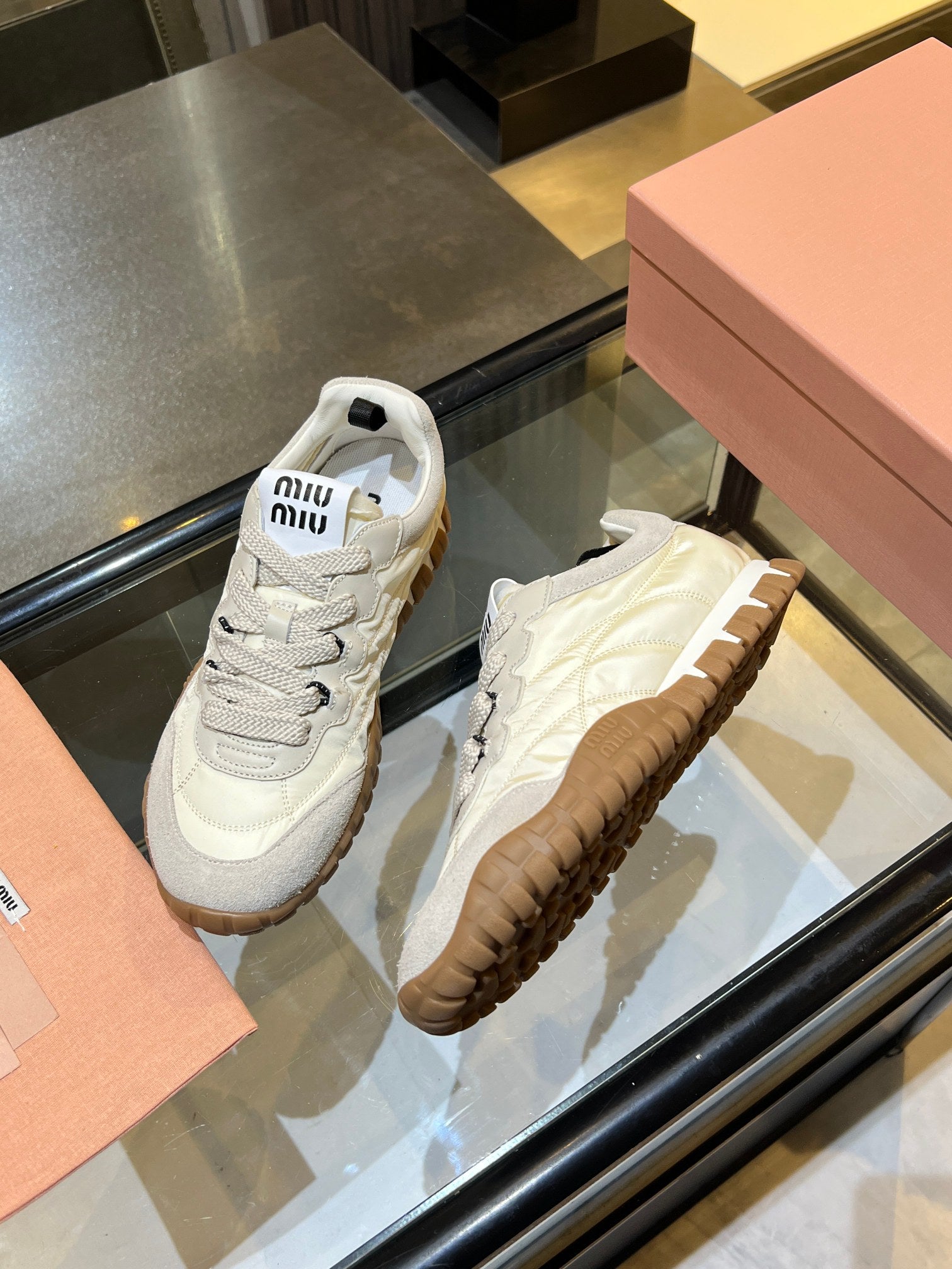 MIUMIU 26S SNEAKERS IN IVORY WHITE FABRIC AND SUEDE