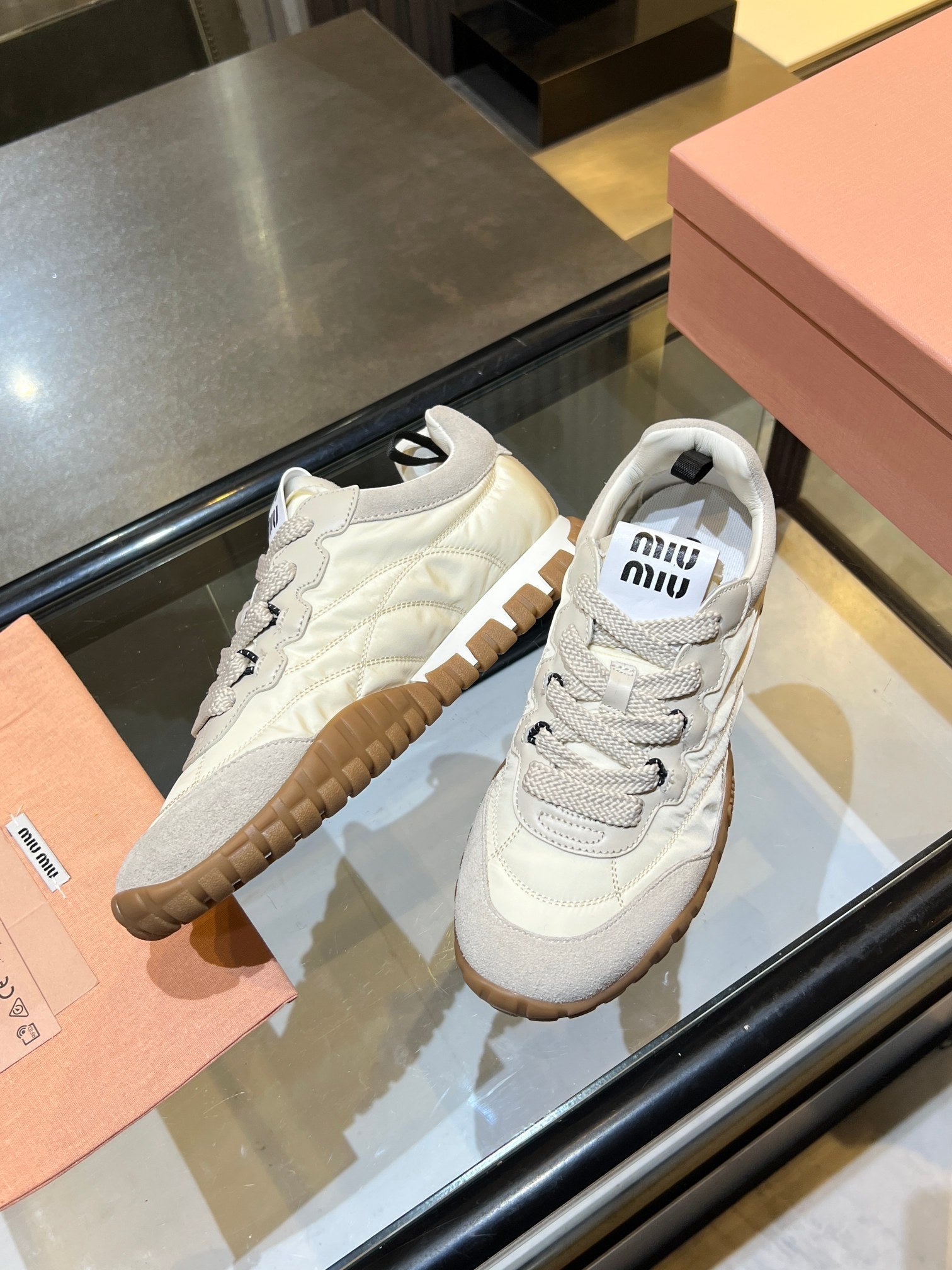 MIUMIU 26S SNEAKERS IN IVORY WHITE FABRIC AND SUEDE