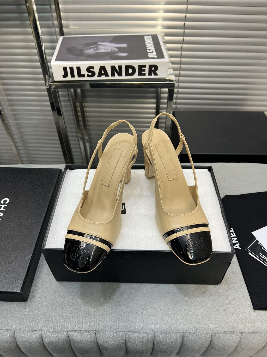 slingback light beige suede silver metalic lambskin square toe 9.5