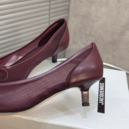 JACQUEMUS 26S HIGH HEELS 45 MM IN DARK RED MESH FABRIC AND CALFSKIN