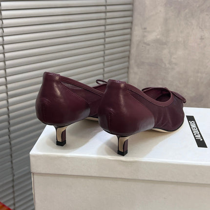 JACQUEMUS 26S HIGH HEELS 45 MM IN DARK RED MESH FABRIC AND CALFSKIN