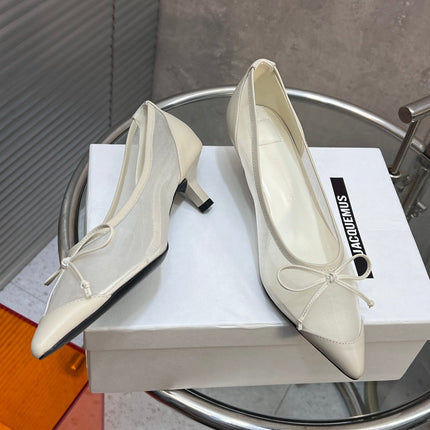 JACQUEMUS 26S HIGH HEELS 45 MM IN CREAM WHITE MESH FABRIC AND CALFSKIN