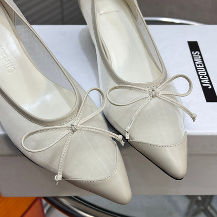 JACQUEMUS 26S HIGH HEELS 45 MM IN CREAM WHITE MESH FABRIC AND CALFSKIN