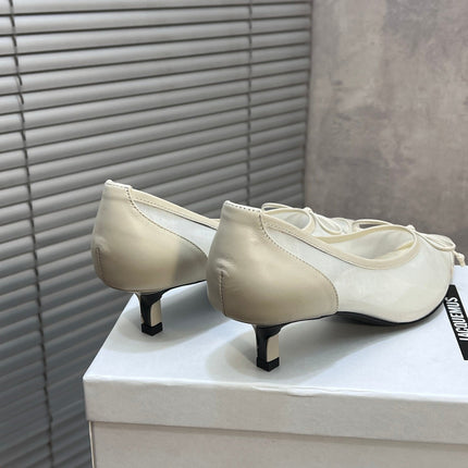 JACQUEMUS 26S HIGH HEELS 45 MM IN CREAM WHITE MESH FABRIC AND CALFSKIN